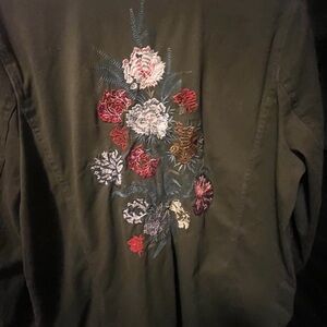 JustFab Olive Green Jean Jacket with Floral Embroidery
